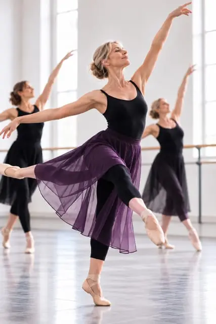 Adult dancers in a ballet and lyrical class, arms extended in a graceful line