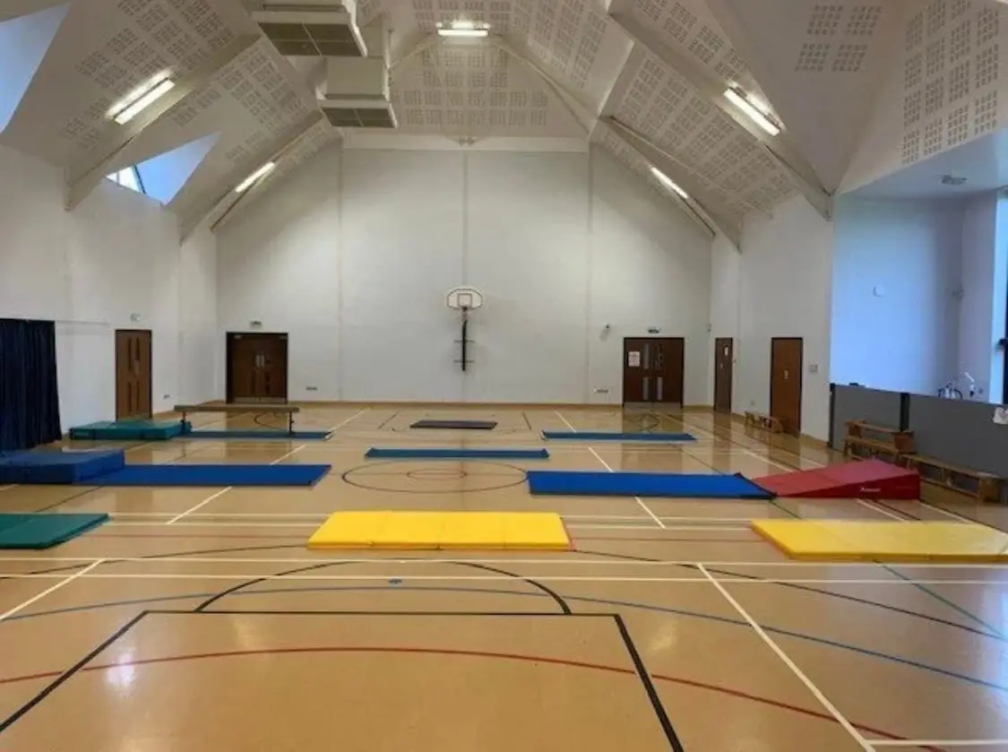 The sports hall at The Kings School, Witney, set out with gymnastics mats