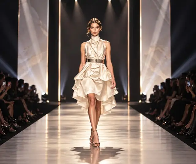 A model walking the catwalk in a white dress under runway lights